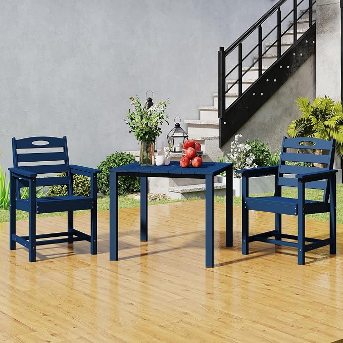 Domi HDPE Outdoor Dining Set, All-Weather Outdoor Dining Table Set of 3 with 2" Umbrella Hole, Outdoor Patio Dining Set for Garden, Poolside, Backyard, Deck, Blue