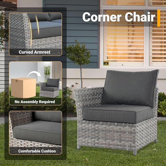 12 Pieces Outdoor Furniture Patio Sectional Sofa Couch Gray PE Wicker Conversation Sets with Ottomans Glass Coffee Table for Garden Poolside Backyard