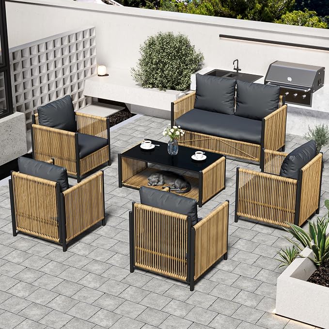 6 Pieces Aluminum Outdoor Patio Furniture Set - 4 Pcs Armchair, Loveseat & Dual-Layer Coffee Table - Rope Sectional Conversation Sofa Sets with Washable Thick Cushion for Garden Backyard Porch