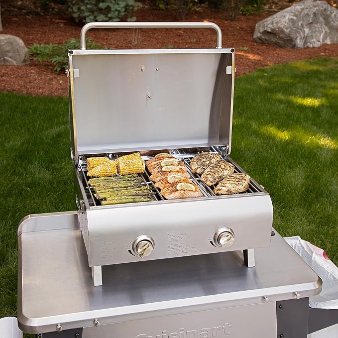 Cuisinart Chef's Style Tabletop Portable Propane Grill, 20,000 BTU Stainless Steel 2-Burner Outdoor Gas Grill for Camping, Tailgates, BBQ, Hassle-Free Setup, Twist-Start Ignition, CGG-306