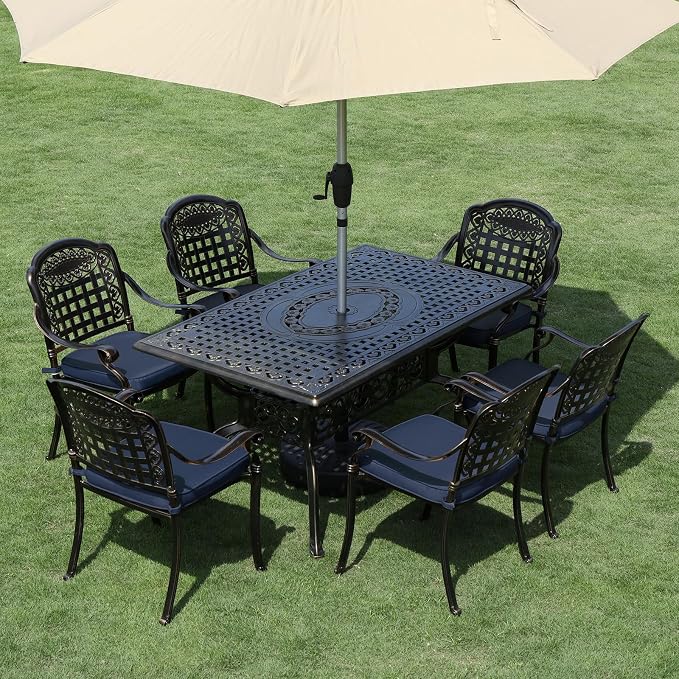 VIVIJASON 7-Piece Patio Furniture Dining Set, All-Weather Cast Aluminum Outdoor Conversation Set, Include 6 Cushioned Chairs and a Rectangle Table with Umbrella Hole, Navy Blue Cushion