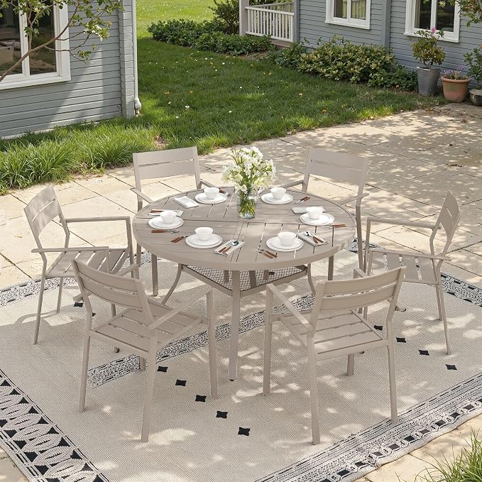 47.2" Outdoor Dining Table with Adjustable Umbrella Hole, Metal Slatted Round Patio Dining Table for Backyard Garden Deck, Sandshell