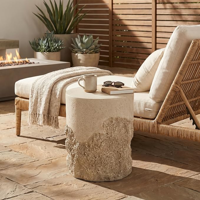Outdoor MGO Side Table, Rugged Coral-Texture Round Accent Table, Beige Neutral Finish, Lightweight & Sturdy Patio, Balcony, Poolside, Bohemian & Coastal Homes, Fully Assembled