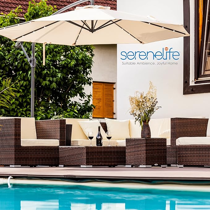 SereneLife 10ft Patio Table Umbrella, 6 Sturdy Ribs with Push Button Tilt and Solar LED Lights, Easy Close Open Crank, Outdoor Furniture for Garden Lawn Deck Pool Beach, Cross Base Included