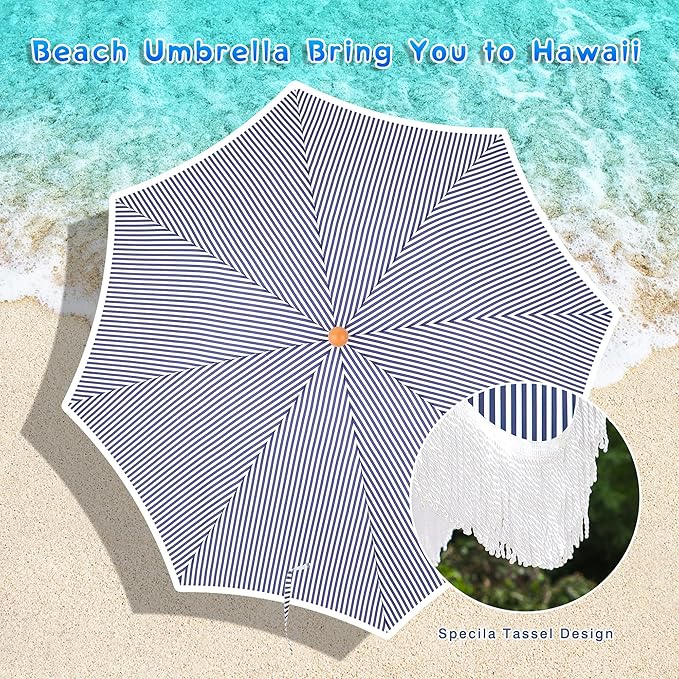 MFSTUDIO 7ft Beach Umbrella with Fringe, Tassel Umbrellas UPF50+ with Tilt Button & Crank, Holiday Outdoor Umbrella with Carry Bag, Ideal for Garden Lawn Poolside, Navy Blue Stripe
