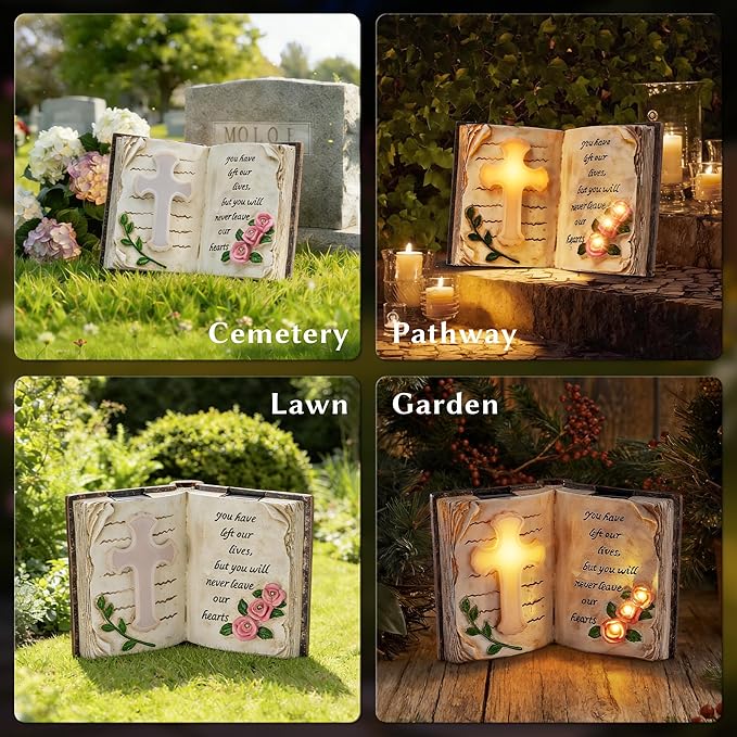 KARTOOSH Solar Bible Cross Garden Statue, Memorial Cross Flower Light with Stakes, Grave Decoration Gift for Cemetery Yard Lawn Patio Pathway Outdoor Decor