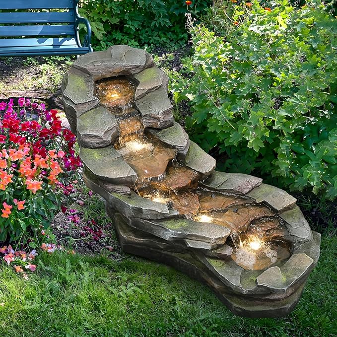 Sunlinua 49" L Water Fountain Outdoor 5-Tiers Rock Natural Waterfall Fountains Floor Standing Water Features with LED Lights for Garden, Patio, Porch, Home Art Decor