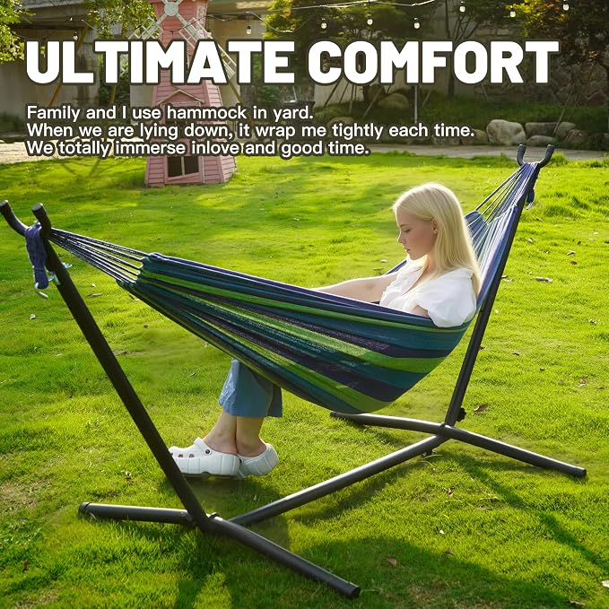 Hammock with Stand for Outside, 450lb Steel Frame, Blue | Steel Frame, Cotton Fabric, 2-Person 450lb, No Tools 10 Min Setup, Backyard Patio Bedroom, Rust-Resistant, Portable