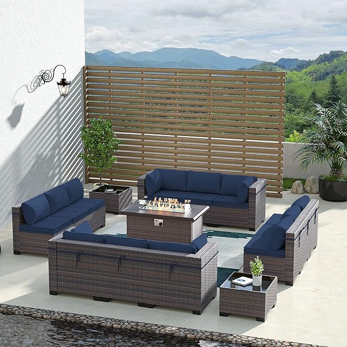 Outdoor Patio Furniture Set with Gas Fire Pit Table, 15 Pieces Outdoor Furniture Set Patio Sectional Sofa w/43in Propane Fire Pit, PE Wicker Rattan Patio Conversation Sets - Navy