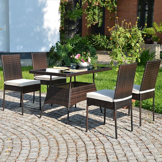 Tangkula 10 Pieces Wicker Patio Dining Set, Outdoor Rattan Table & Chairs Set with Padded Cushions, Patio Furniture Dining Glass Table Set for Balcony Patio Garden Poolside