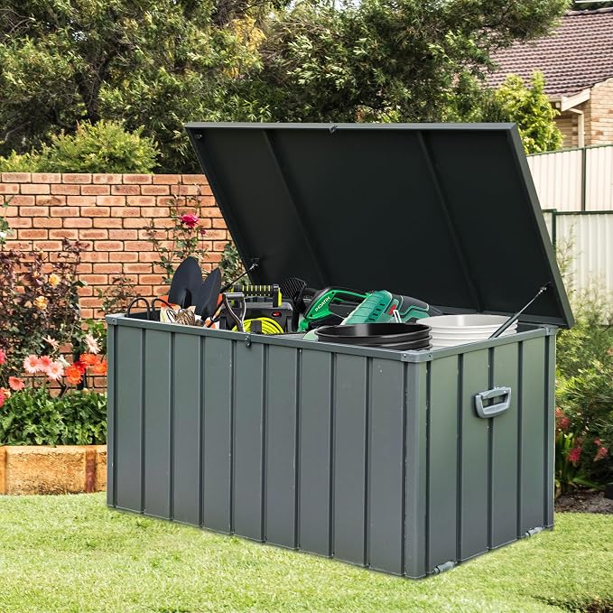 Domi 100 Gallon Deck Box Outdoor Storage Box, Large Metal Storage Cabinet Waterproof Lockable Container for Patio Furniture Cushions Garden Tools Pool-Supplies, Dark Grey