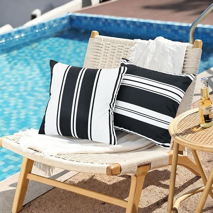 4 Pack Outdoor Waterproof Throw Pillow Covers 18x18 Inch, Striped Black and White Decorative Pillow Cover, Modern Farmhouse Cushion Cases for Garden Patio Tent Balcony Bench Couch Sofa