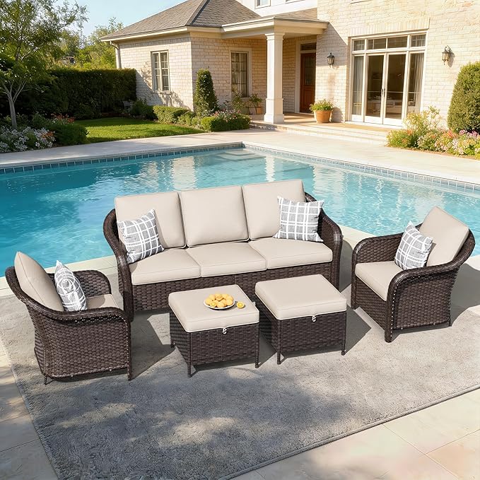 5 PCS Outdoor Conversation Set | 78" Couch, 2 Chairs, 2 Ottomans, Patio Wicker Conversation Furniture with Removable Cushions for Bistro, Deck, Sunroom (Beige)