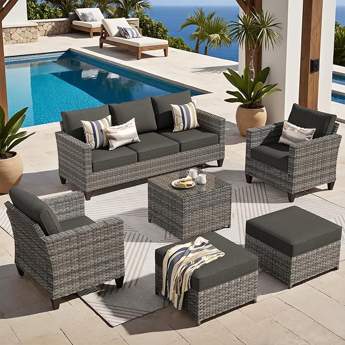 ovios 6 Pieces Patio Furniture Set, Outdoor Wicker Rattan Sofa Couch with Glass Table, Chairs, Comfy Cushions, Conversation Sets for Porch Deck Garden, Black