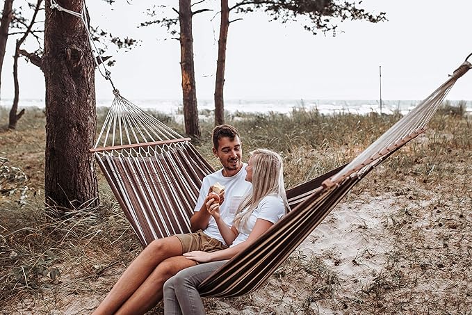 Brasilia Hammock, Handwoven, Polyester/Cotton Blend, Mocha, Single Size, Spreader Bar, 122" L X 55" W, Holds up to 330lbs