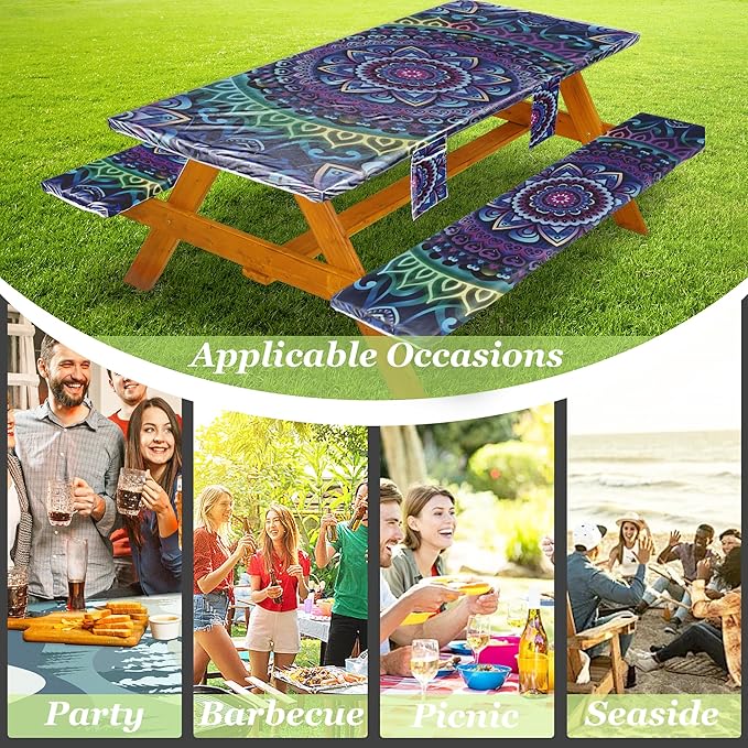 Picnic Table Cover with Bench Covers Vinyl Elastic Edges Fitted Rectangle Seat Tables Waterproof 3-Piece96X30in Set Outdoor Rectangular Folding Backing Tablecloth for Camping Over Size