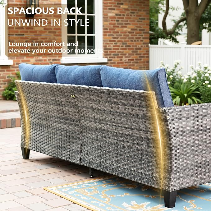 CAODOC 8-Piece Outdoor Wicker Patio Set with 9 Seats, Including 53" Fire Pit - Sectional Sofa and Conversation Set for Backyard or Lawn, Gray Rattan with Waterproof Blue Cushions
