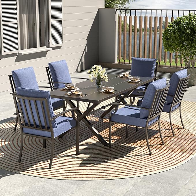 Kullavik 7 Pieces Outdoor Dining Set,Patio Dining Table and Chairs Set for 6,Fence Pattern Back Chairs with Thickened Cushions & Rectangular Metal Dining Table with Umbrella Hole for Patio,Navy Blue