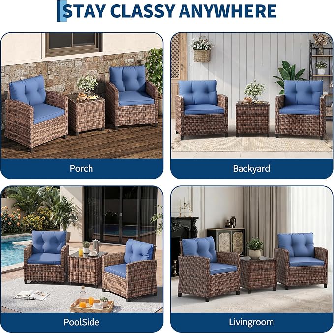 IDEALHOUSE 3-Piece Outdoor Patio Furniture Set, PE Rattan Wicker Conversation Chairs with Tempered Glass Side Table and Removable Cushions, Balcony, Porch & Garden Seating Set, Brown+Navy Cushion
