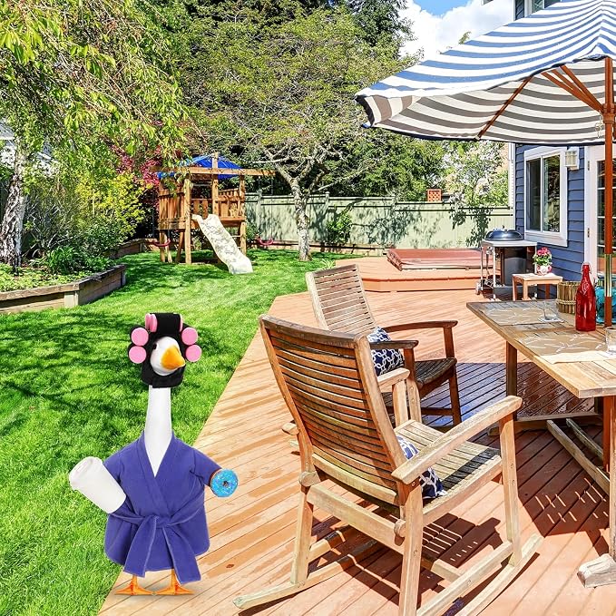 Shyyween Lady Porch Goose Outfit 23 Inch Purple Robe Goose Clothes with Curlers and Coffee Cup Porch Geese Accessories for Cement/Plastic/Concrete Statue Outdoor Yard Decoration