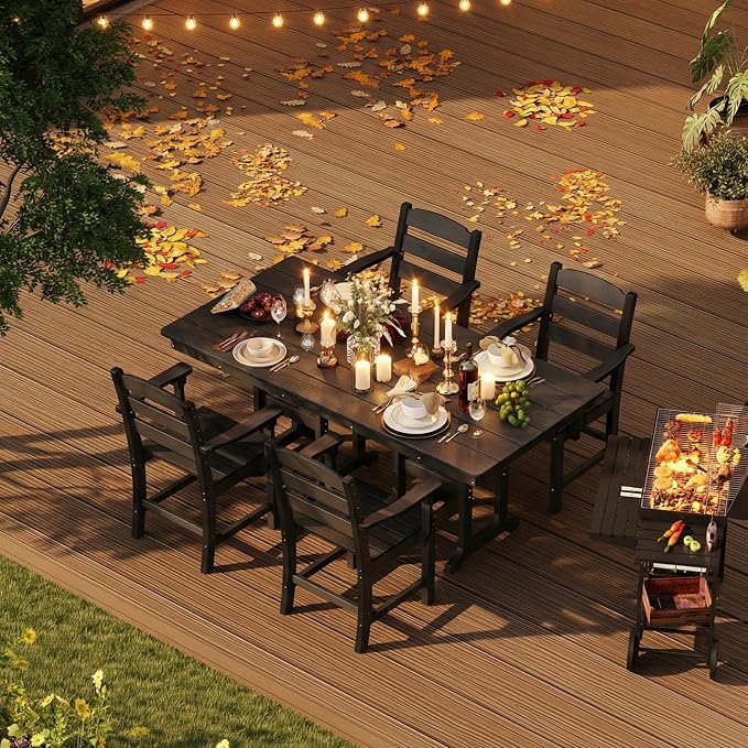 HOPUBUY 5 Pieces Patio Dining Set for 4, 71" HDPE All-Weather Patio Table and Chairs Set with Umbrella Hole, Durable Outdoor Furniture Set for Garden, Backyard, Lawn & Poolside (Black)