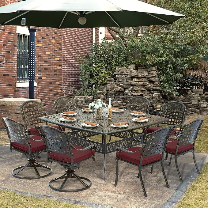 SOCIALCOMF 9-Piece Patio Cast Aluminum Dining Set, Outdoor Table and Chairs Set for 8, Includes 64" Large Square Dining Table, 4 Stationary, 4 Swivel Dining Chairs with Umbrella Hole, Red