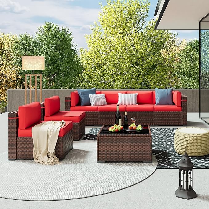 Amopatio Patio Furniture Set 7 Pieces Patio Conversation Set Outdoor Sectional Wicker Rattan Sofa with All-Weather Cover, Patio Furniture with Pillows Fits Porch Garden Backyard Balcony(Red)