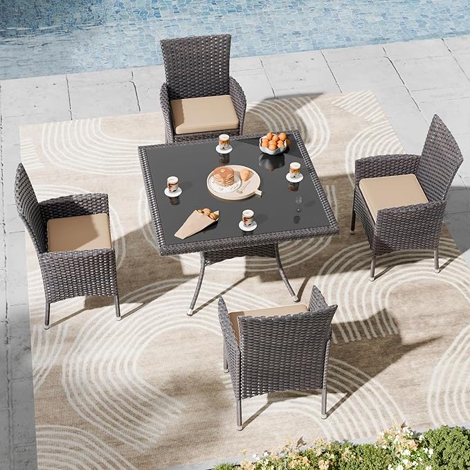 Kullavik 5 Pieces Outdoor Dining Set Patio Rattan Furniture Set,Patio Dining Table and Chairs Set with 4 Chairs and Cushions,Square Glass Tabletop with Umbrella Hole for Patio,Backyard,Sand