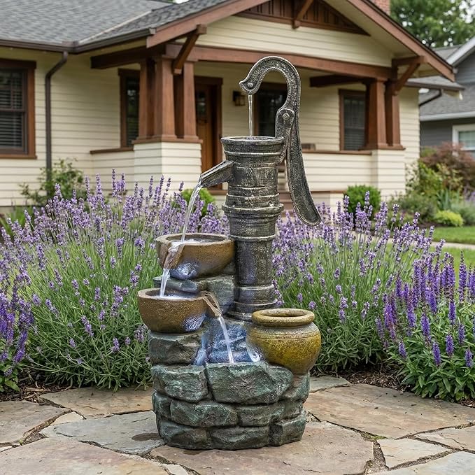 32'' Vintage Pump Large Outdoor Water Fountain with Water Feature with Weather-Resistant Resin for Patio Garden Backyard, Freestanding Decor Gray
