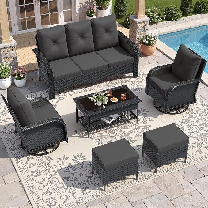 UDPATIO High Back Patio Furniture Set with 2 Swivel Rocker Chairs, Wicker Outdoor Conversation Sets with Thick Cushions & Ottoman, for Garden, Porch