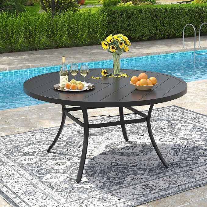 VICLLAX 50" Outdoor Round Patio Dining Table for 4-6, All Weather Metal Dining Table with Umbrella Hole for Deck Lawn Garden Backyard, Black