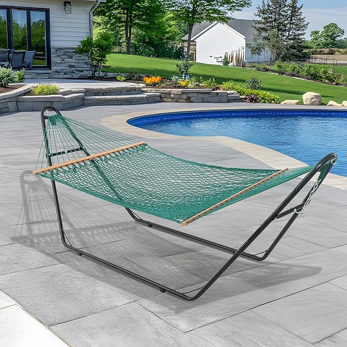 Lazy Daze Hammocks 12FT Double Rope Hammocks, 2 Person Hand Woven Cotton Hammock with Spreader Bar for Outside, Patio, Poolside, FIT 13-15 FT Stand, Max 450 Lbs, Green, 141 x 57 inches