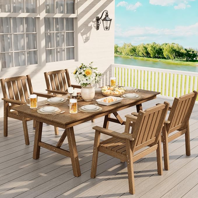 Takywep 23.9” Wide HDPE Patio Dining Chairs Set of 2, 650LBS Capacity All-Weather Yard Armchair with Slatted Seat, Heavy Duty Modern Backyard Furniture for Garden, Poolside, Deck, Natural