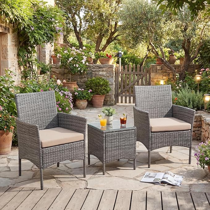 3-Piece Patio Furniture Set,Outdoor Patio Conversation Set with 2 PE Rattan Armchairs, Weather-Resistant Cushions & Tempered Glass Table,All-Weather Bistro Set for Garden, Backyard(Black/Beige)