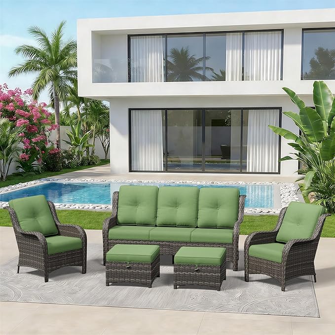 5 Piece Outdoor Wicker Patio Furniture Set, Patio Chairs Set with Thickened Olefin Cushions, High Back and Deep Seating, Hand-Woven PE Rattan, Ottoman for Porch, Deck