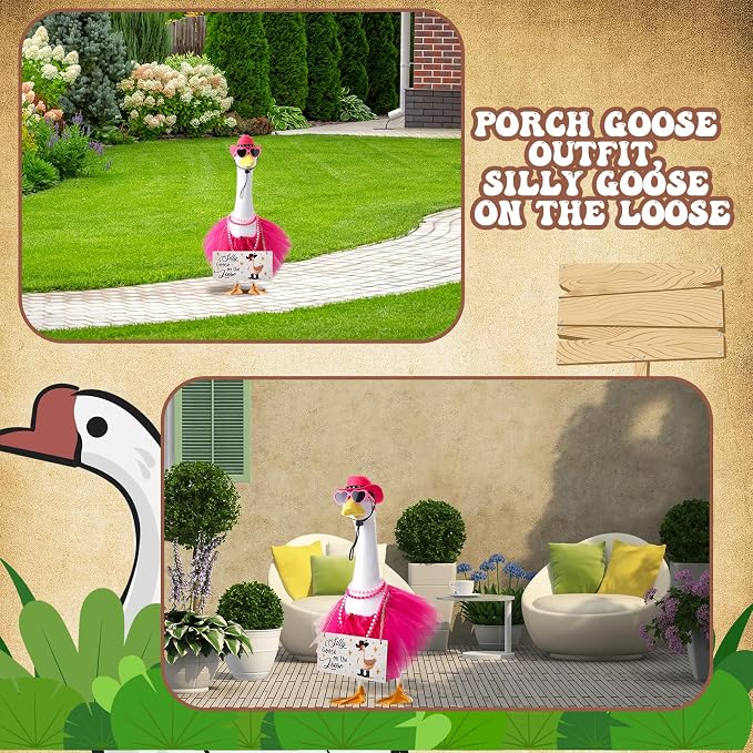 6pcs Hot Pink Western Cowboy Porch Goose Outfits for 17-23 Inches | Tutu Skirt Cowboy Hat Glasses Necklaces Wooden Sign for Outdoor Garden Lawn Art Decor