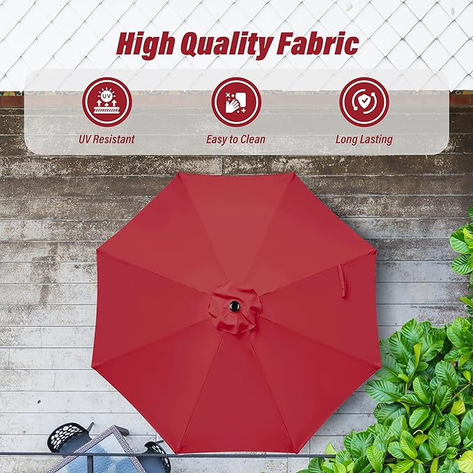 Simple Deluxe 9ft Patio Umbrella Outdoor UV-proof, Table Market Umbrella with Push Button Tilt and Crank, 8 Sturdy Ribs for Garden, Backyard, Pool, Deck, Red
