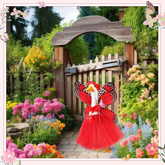 5pcs Butterfly Porch Goose Outfit Costume Tutu Skirt Butterfly Wing Wand Flower Crown for 17‘' 23‘' Cement Goose