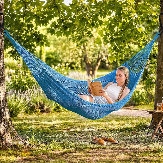 SUNCREAT Hammocks Rope Hammock, Outdoor Hanging Tree Hammock, Blue