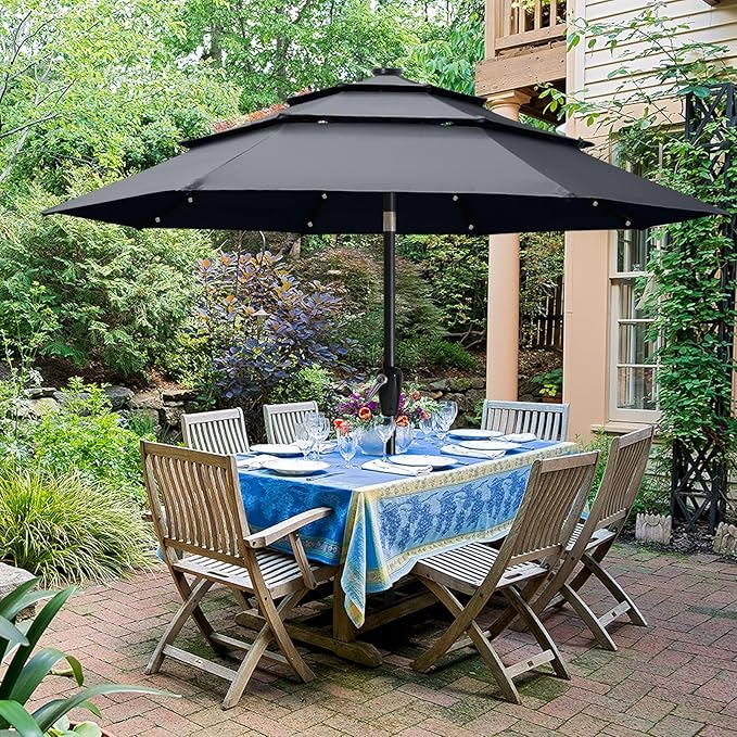 ABCCANOPY 3-Tiers 11FT Solar Patio Umbrella, Outdoor Umbrella with 32 LED Lights for for Deck, Pool, Garden, Backyard (Dark Gray)