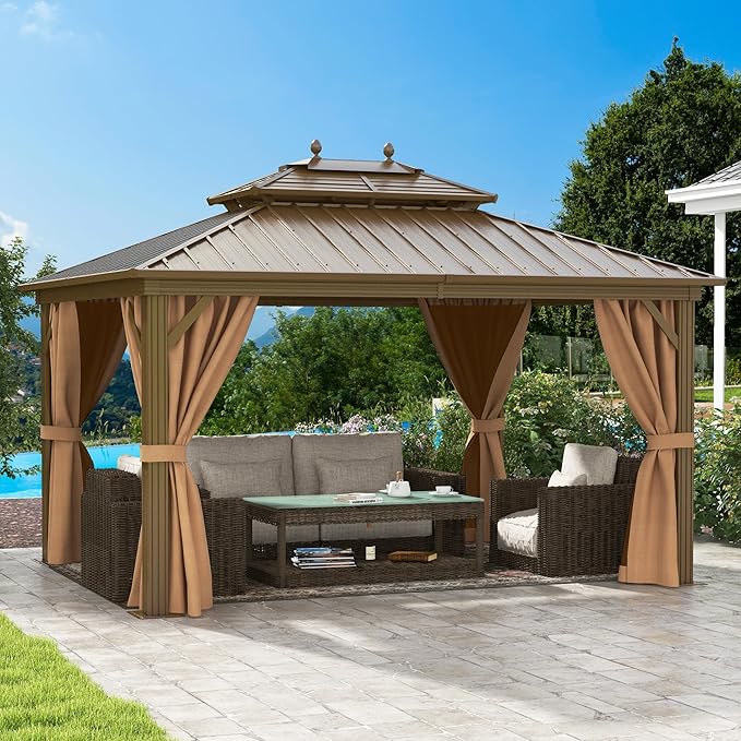 DWVO 10x12ft Hard top Gazebo Double Roof Galvanized Steel Outdoor Metal Pavilion Gazebo with Netting, Curtains for Backyard, Patio and Deck