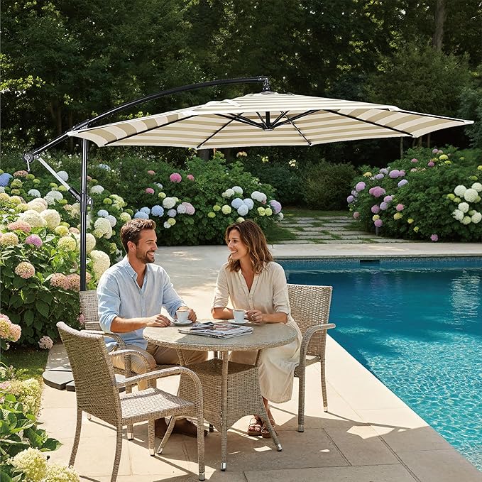10FT Offset Patio Umbrella, Cantilever Hanging Umbrella with Infinite Tilt, Fade-Resistant Water-Repellent Canopy & Cross Base for Yard, Garden & Deck