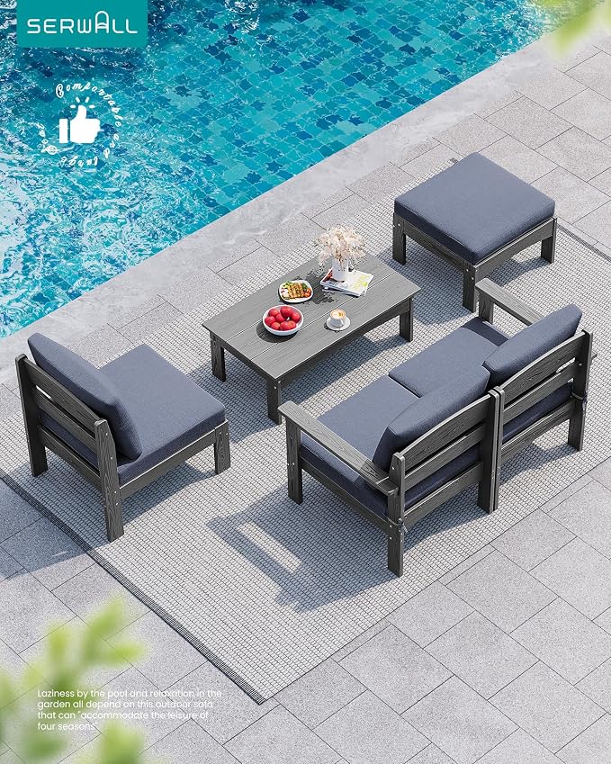 SERWALL HDPE Patio Sofa Set, 3 Pieces Conversation Set, All-Weather Outdoor Couch Sectional Sofas, Patio Furniture Set with Coffee Table for Balcony, Garden, Poolside, Grey Frame with Grey Cushion