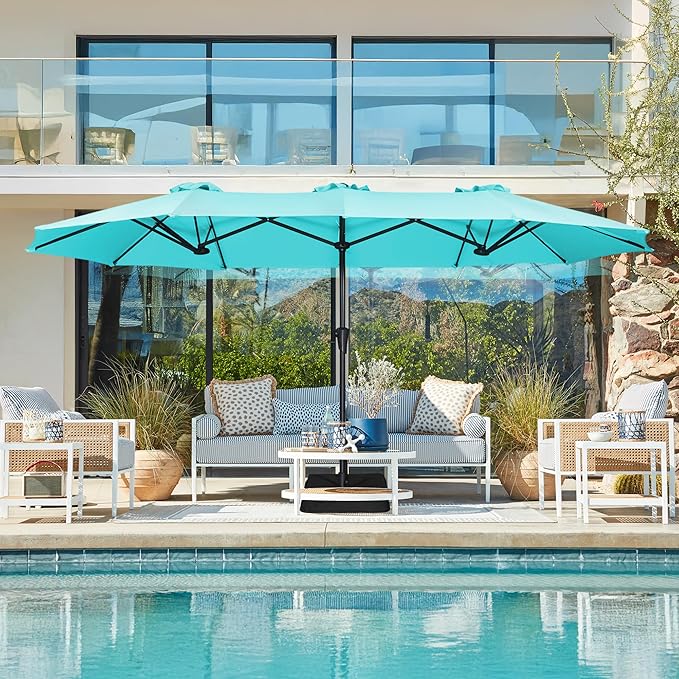 SUPERJARE 13FT Outdoor Patio Umbrella with Base Included, Double Sided Pool Umbrellas with Fade Resistant Canopy, Large Table Umbrella for Deck, Market, Backyard - Light Blue