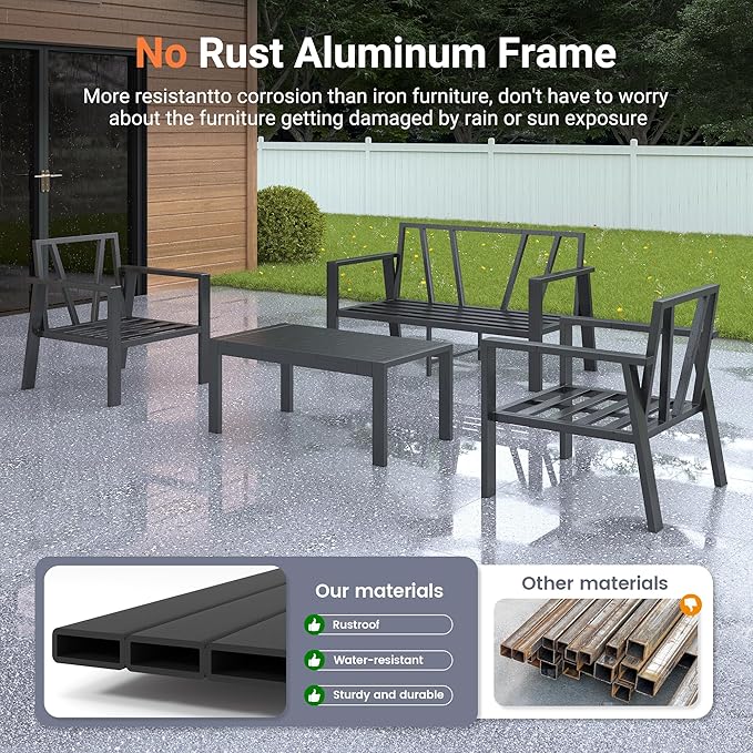UDPATIO 4 Pieces Aluminum Patio Furniture Set Outdoor Metal Conversation Sofa Seating Set with Coffee Table for Garden Backyard, Beige