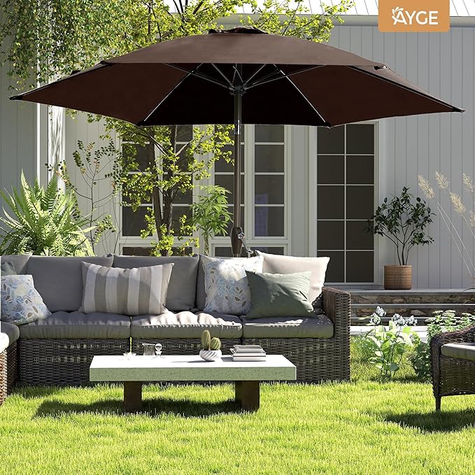 Ayge 7.5FT Large Outdoor Patio Umbrella Market Table Umbrella-UV Resistant, Easy Push Button Tilt and Crank, 6 Sturdy Fiberglass Ribs Heavy-Duty Pool Umbrella for Deck, Backyard,Garden, Yard,Brown