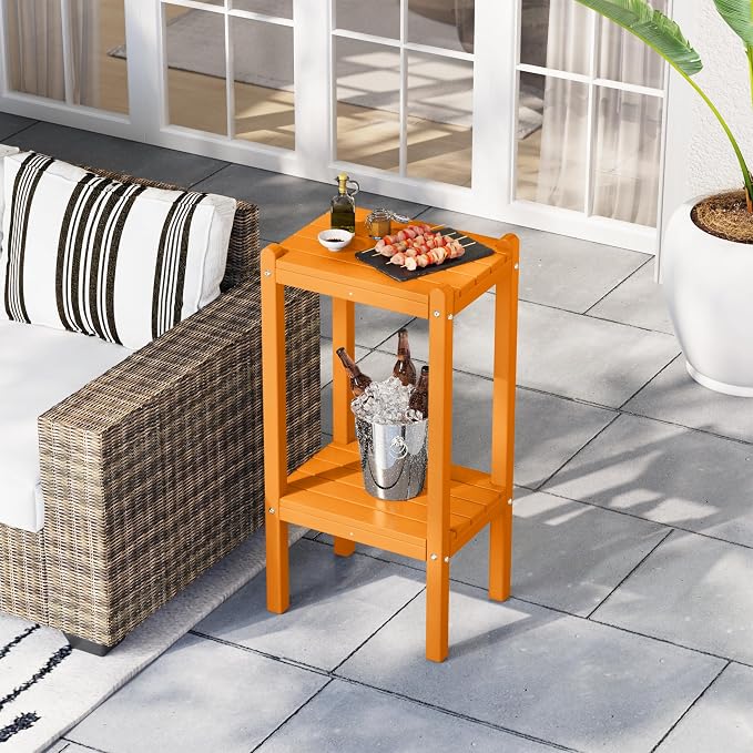 Costaelm Outdoor Side Table, 2-Tier Small Patio Coffee Tables for Outside, Outdoor End Tables for Patio, Adirondack Side Table for Outside, Outside Table for Pool, Porch, Garden, Orange