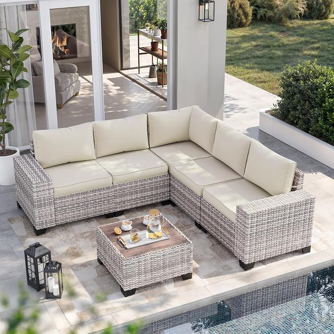 8-Piece Outdoor Patio Furniture Set Wicker Sectional Sofa Set with Ottomans, Patio Conversation Set with Thickened Cushions & Coffee Table for Garden, Backyard, Poolside, White