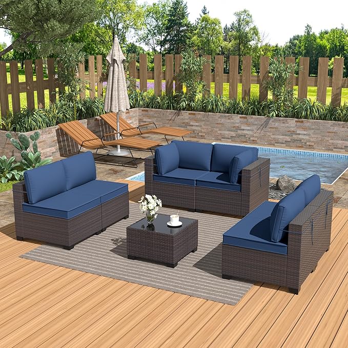 Patio Furniture Set 7PCS Outdoor Furniture for Backyard Sectional Sofa Set, Rattan Wicker Patio Conversation Set with 4 Inch Thickened Cushions and Glass Coffee Table, Navy Blue