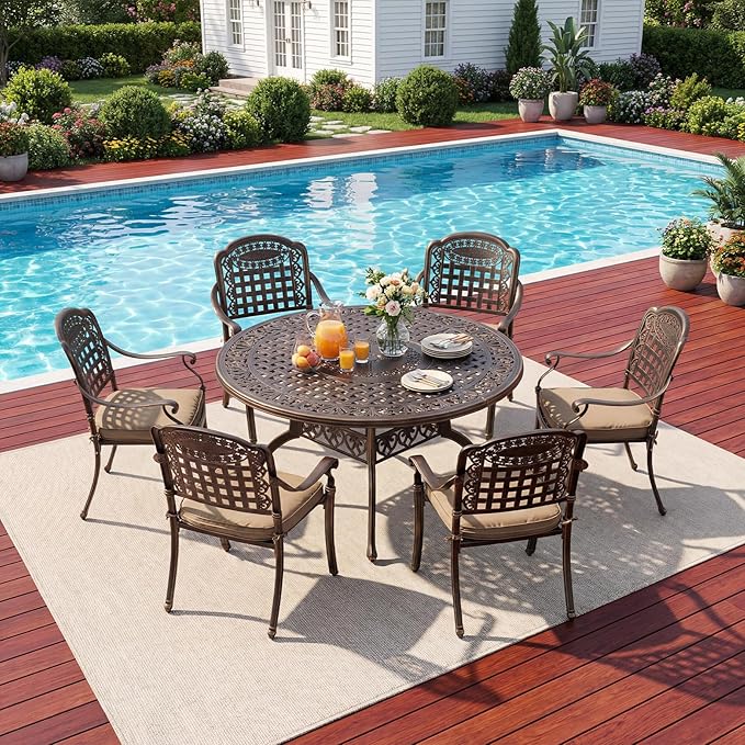 Redlife 7-Piece Cast Aluminum Outdoor Dining Set, 54" Round Patio Table with Umbrella Hole, 6 Stackable Chairs with Cushion, Lattice Backrest, Waterproof Patio Furniture Set for Garden,Backyard